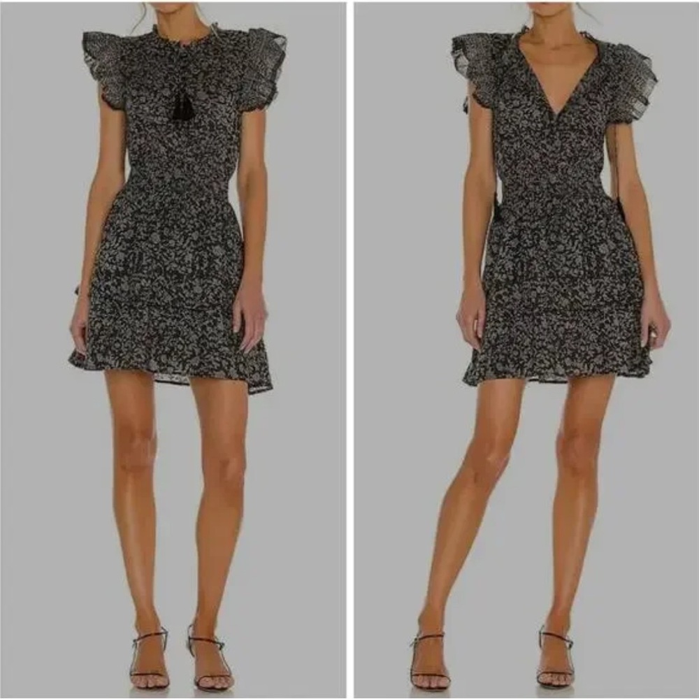 Cleobella Black Floral Mini Dress with Ruffled Shoulders